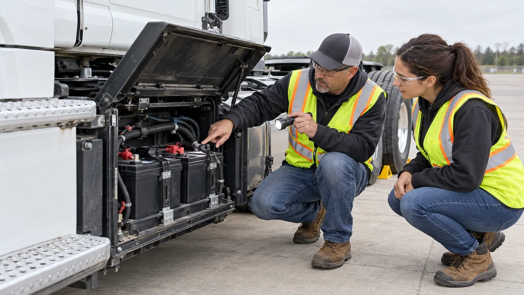 CDL instructor teaching a student to inspect secured truck batteries, terminal covers, cables, and the battery box