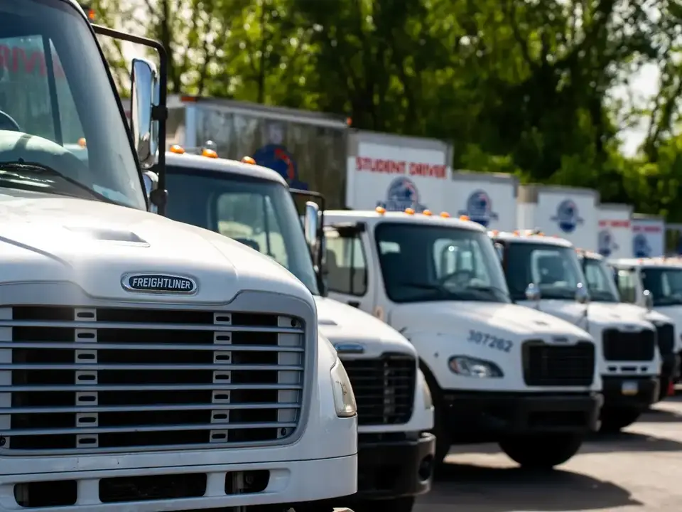 Patriot CDL training trucks parked in a row with enclosed trailers behind them