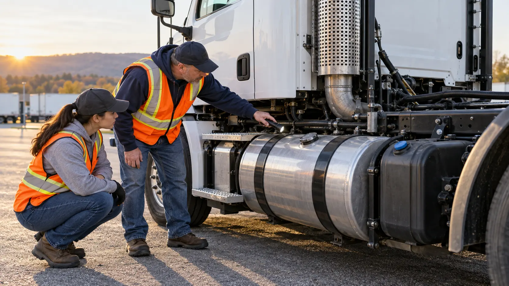 CDL instructor and student inspecting a truck fuel tank, mounting straps, visible lines, DEF tank, and exhaust stack