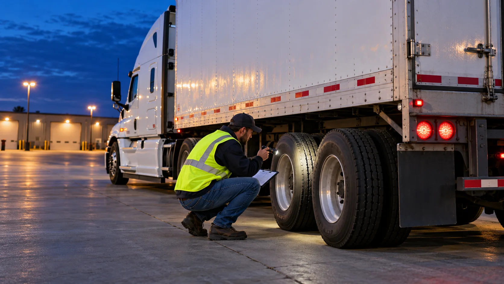 CDL student using a flashlight and clipboard while inspecting tractor-trailer wheels after a route