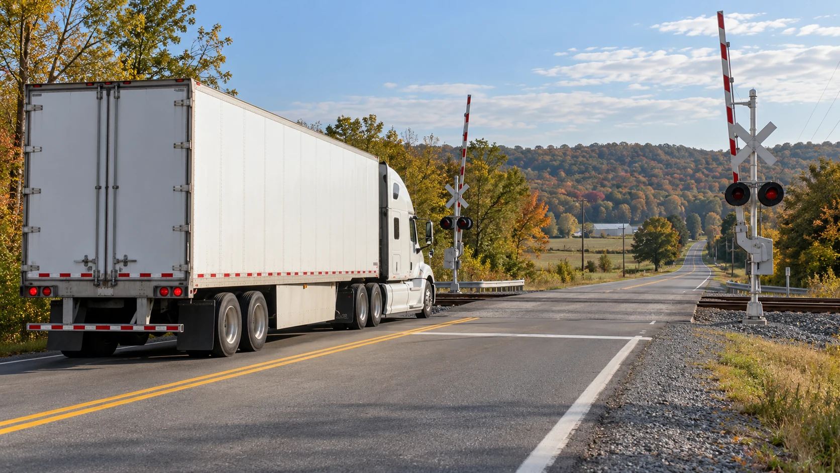 White tractor-trailer stopped safely before a rural railroad grade crossing in daylight
