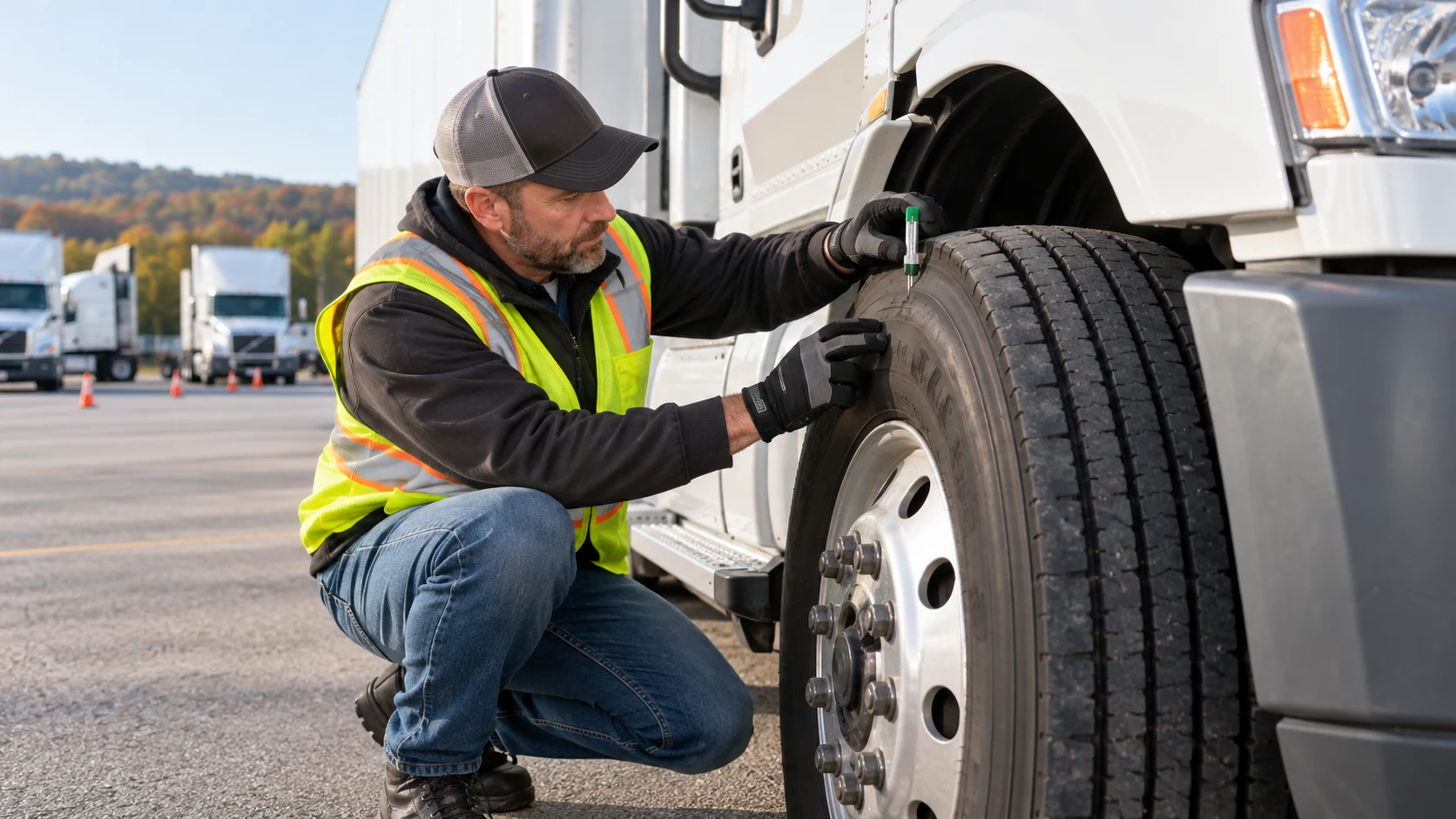 Commercial driving instructor checking a tractor steering tire with a tread-depth gauge