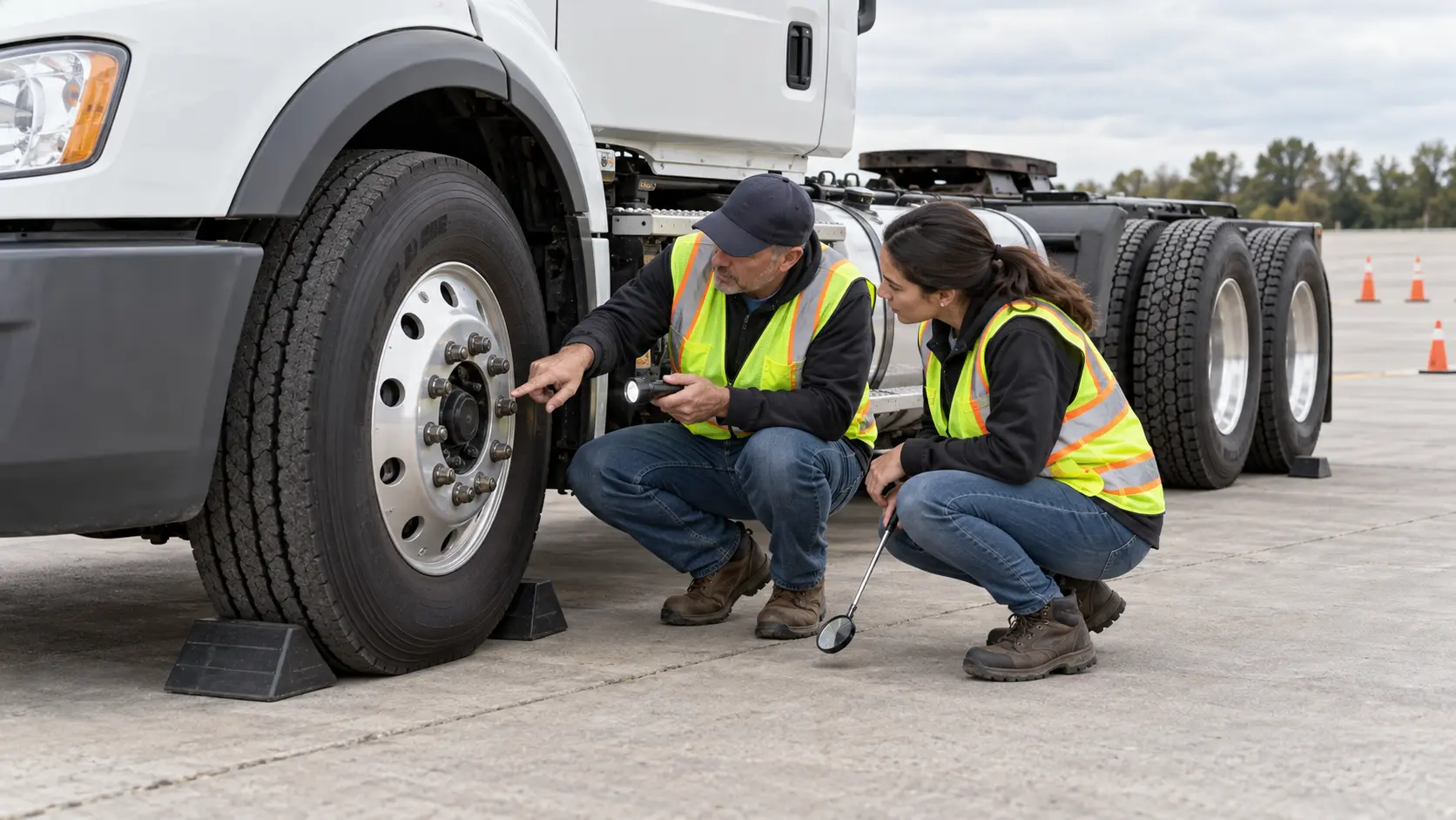 CDL instructor showing a student how to inspect a commercial truck rim, lug nuts, studs, and hub area