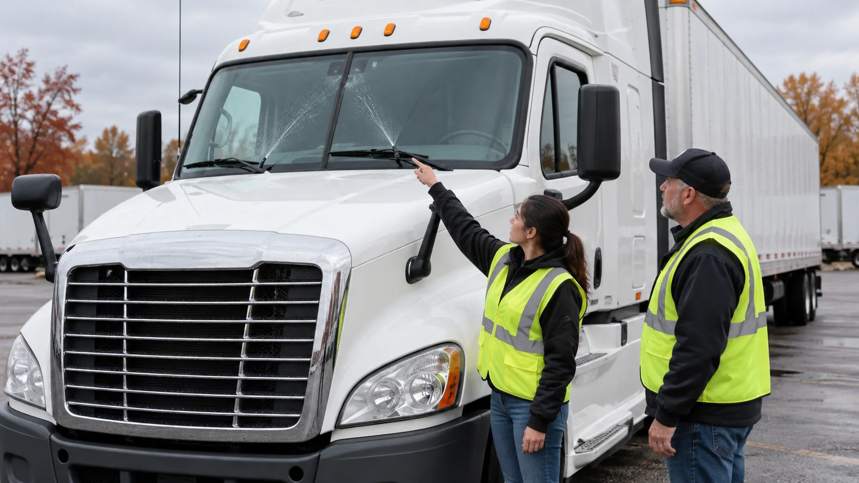 CDL instructor and student inspecting a truck windshield, wiper blades, and washer spray before departure