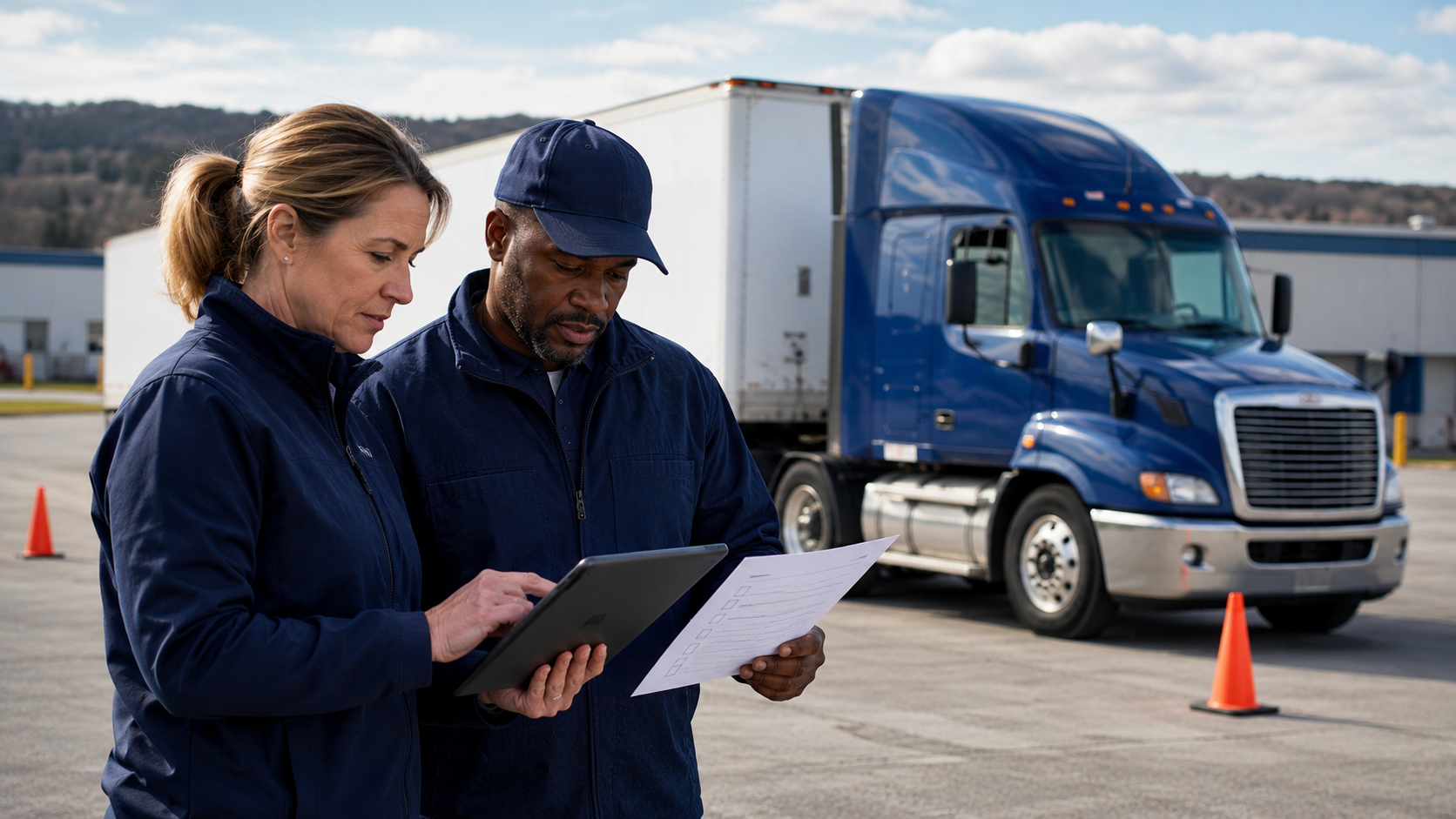 CDL driver and motor carrier compliance manager reviewing qualification documents beside a Class A tractor-trailer