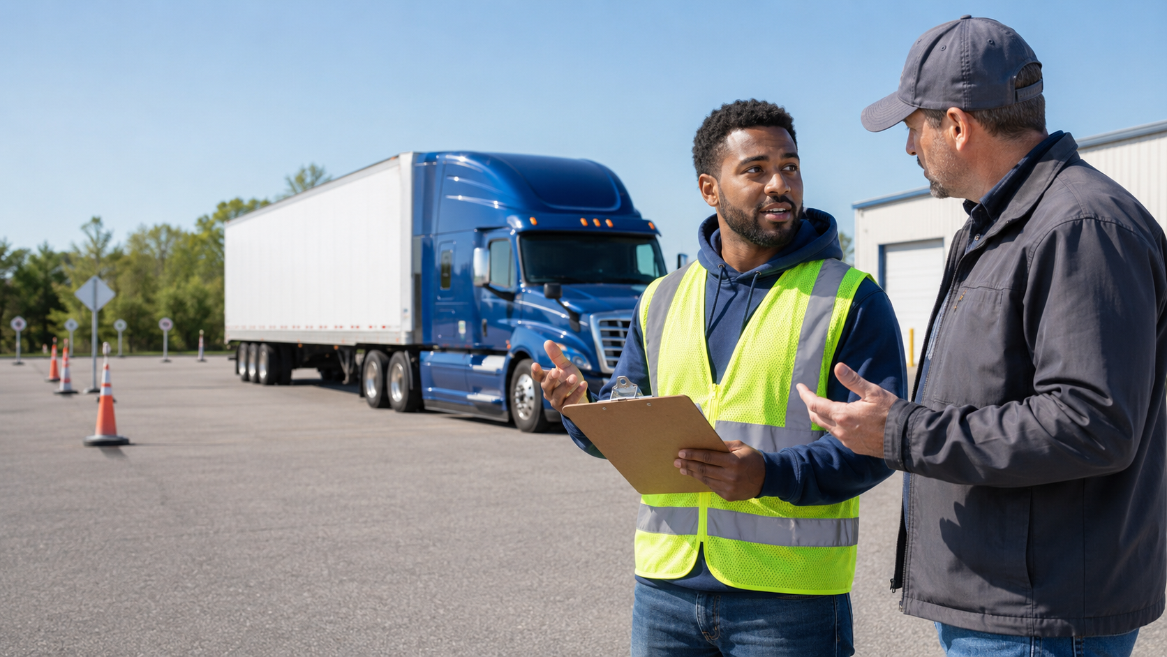 CDL student practicing English communication with an instructor beside a Class A tractor-trailer