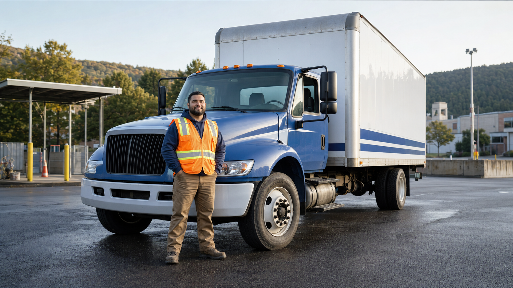 New commercial driver standing beside a blue and white Class B straight truck in Pennsylvania