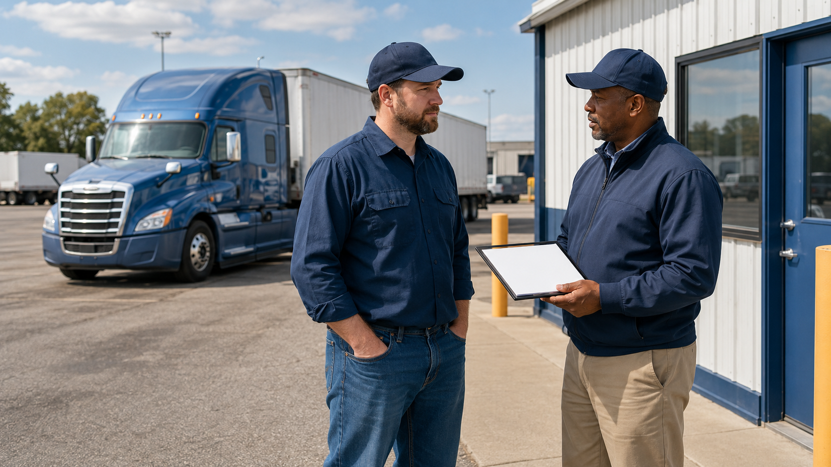 CDL driver having a private safety conversation with a trained supervisor beside a tractor-trailer at a trucking terminal