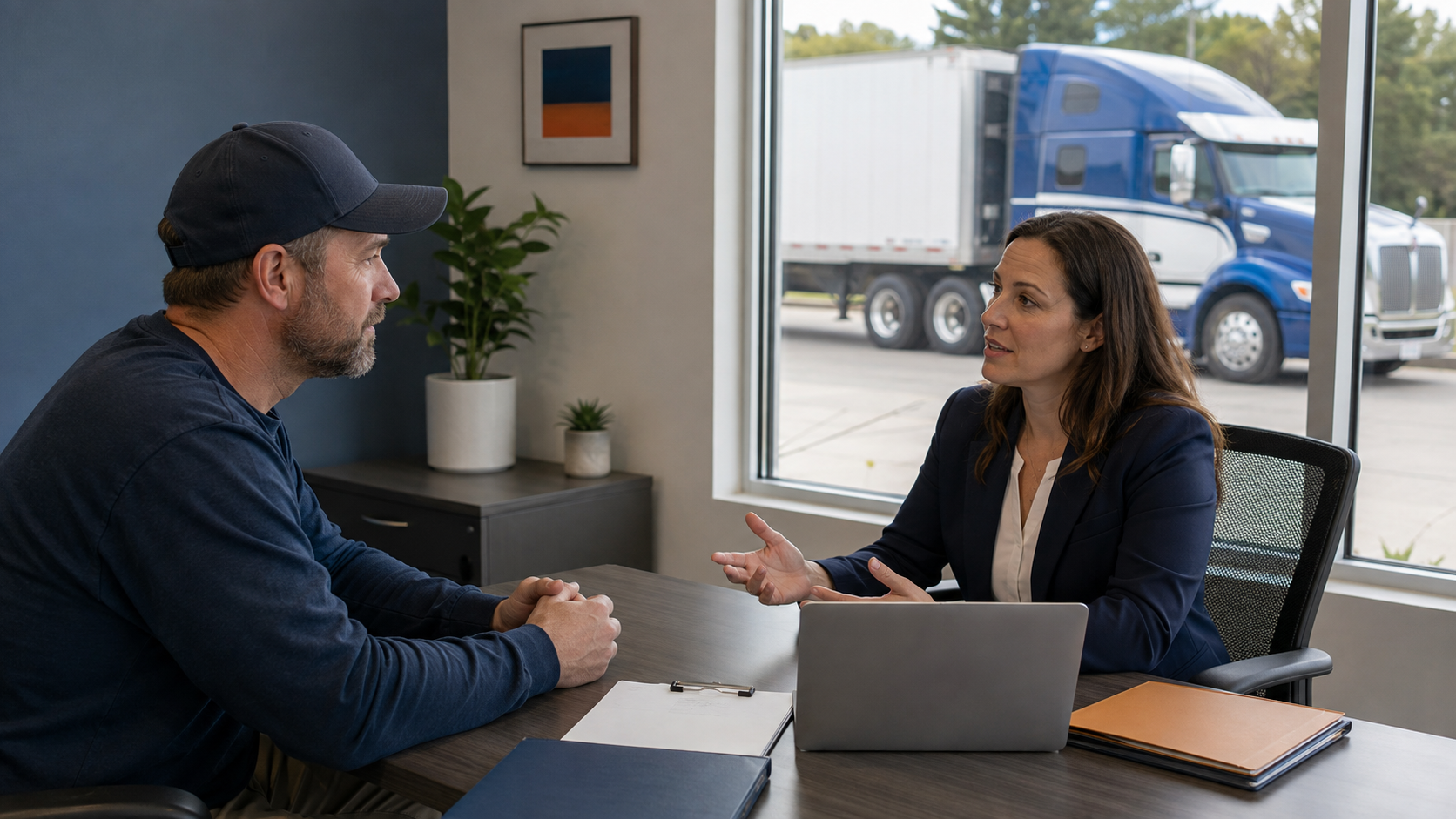 CDL driver meeting privately with a qualified substance abuse professional while a tractor-trailer is visible outside