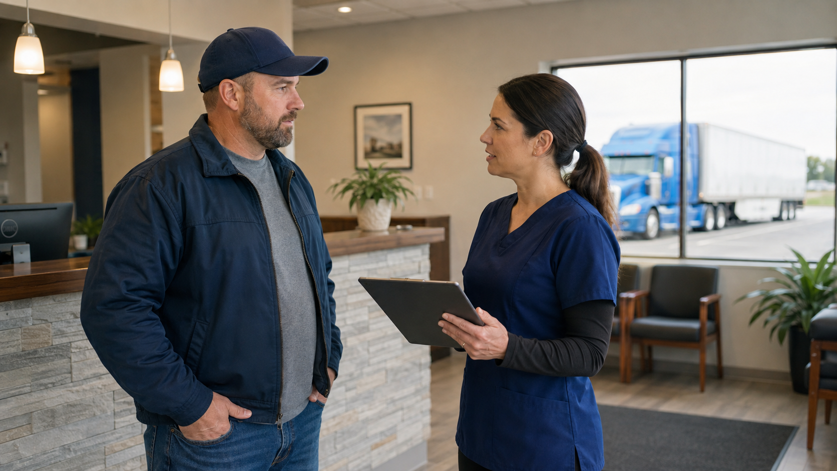 CDL driver calmly receiving DOT collection instructions from a professional at an occupational testing clinic