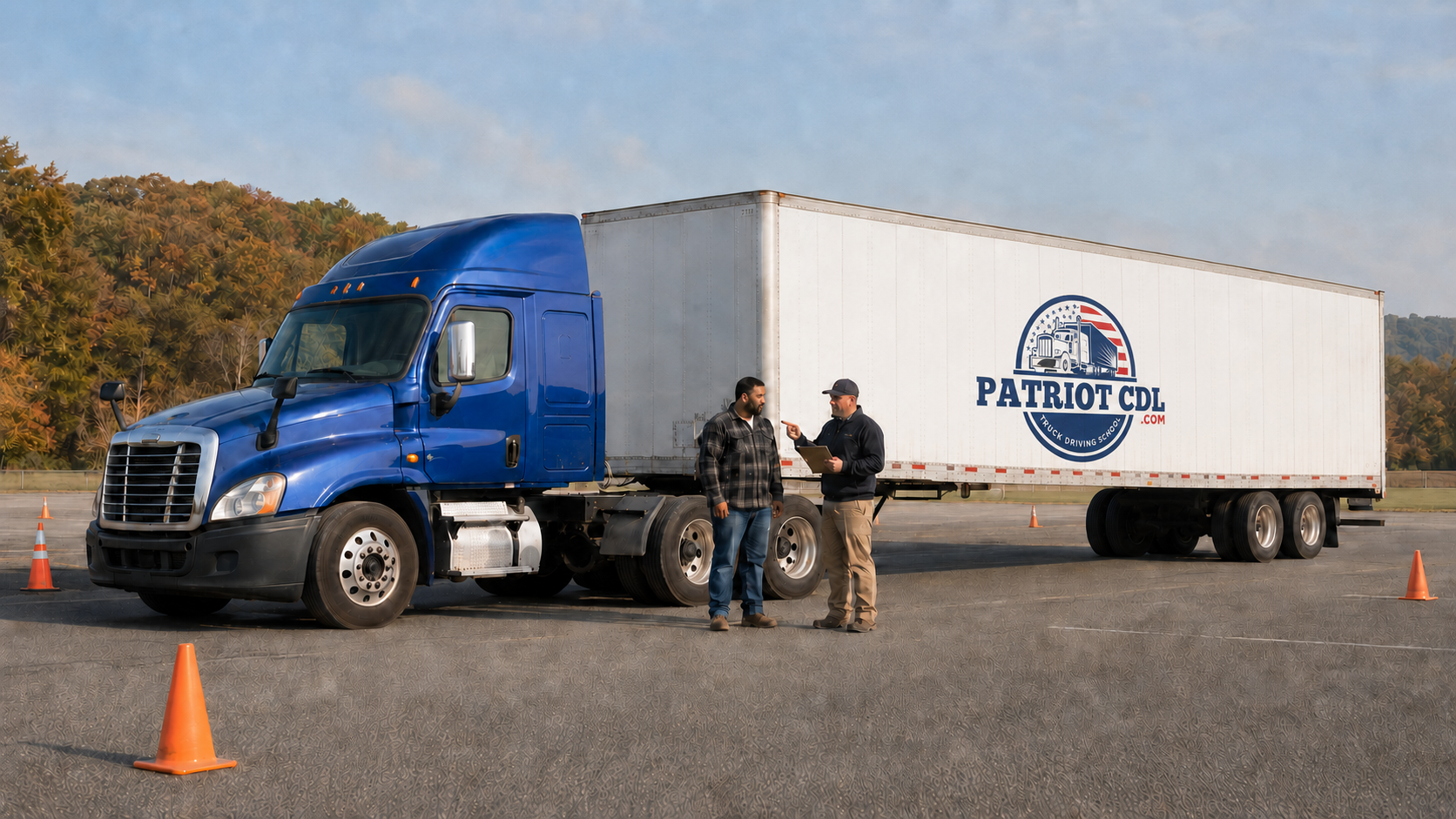 Student and instructor training beside a blue and white Class A tractor-trailer at a Pennsylvania CDL range