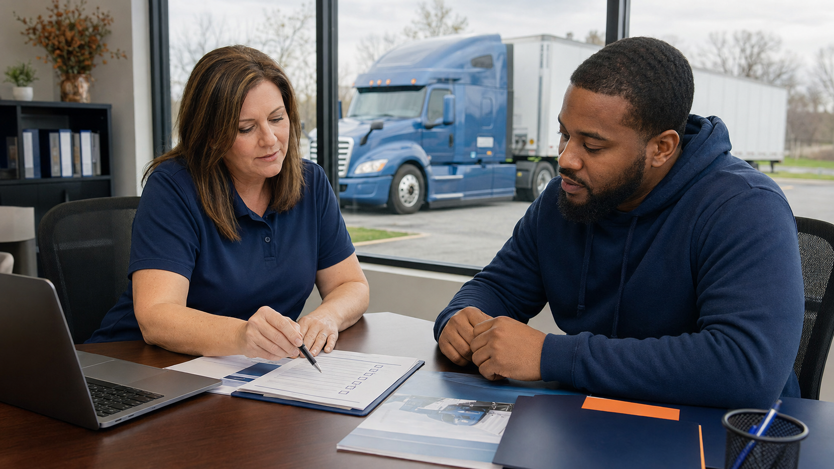 Prospective CDL student reviewing workforce training funding documents with a career counselor in Pennsylvania
