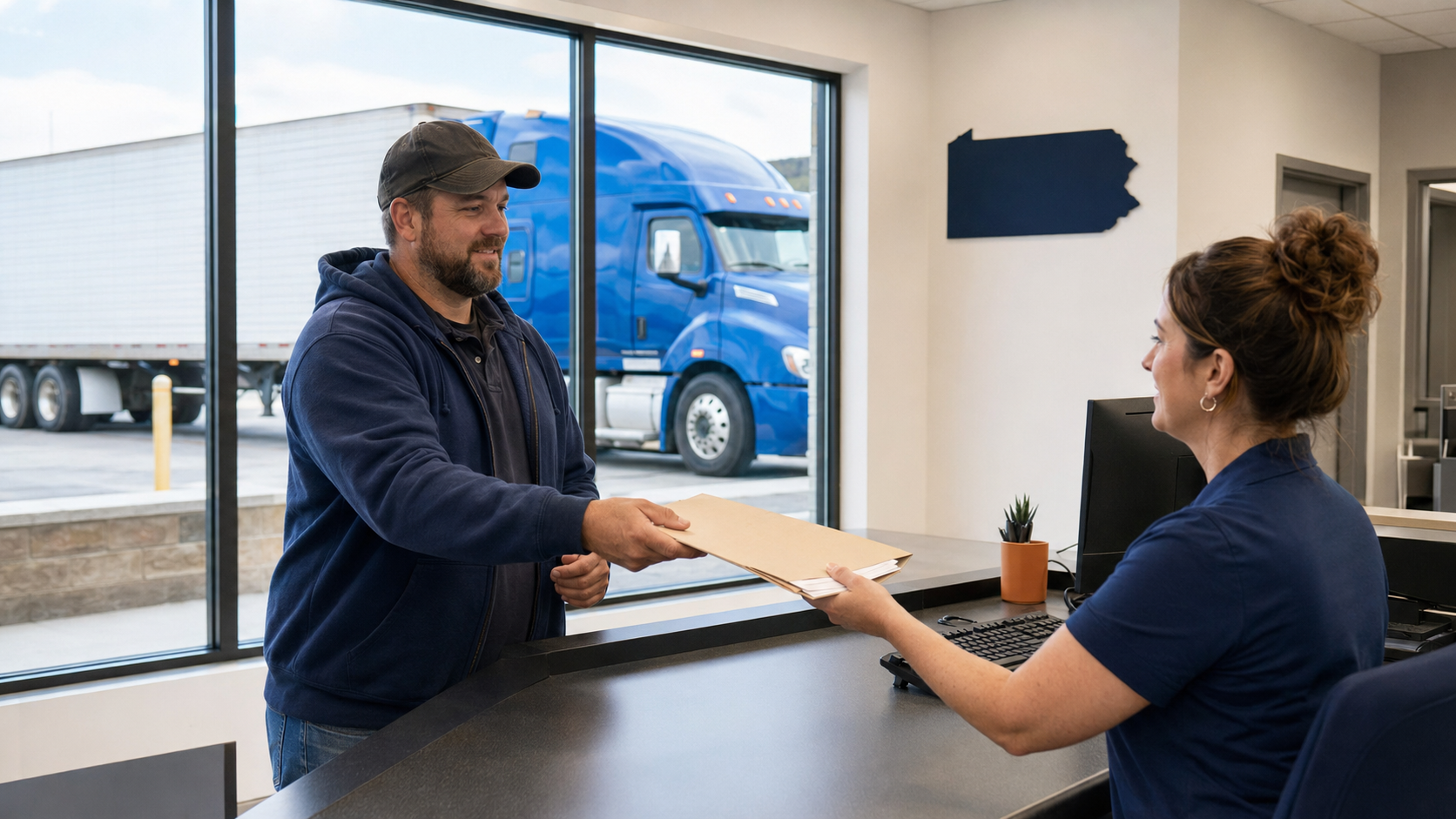 Commercial truck driver presenting license-transfer documents at a Pennsylvania driver licensing counter