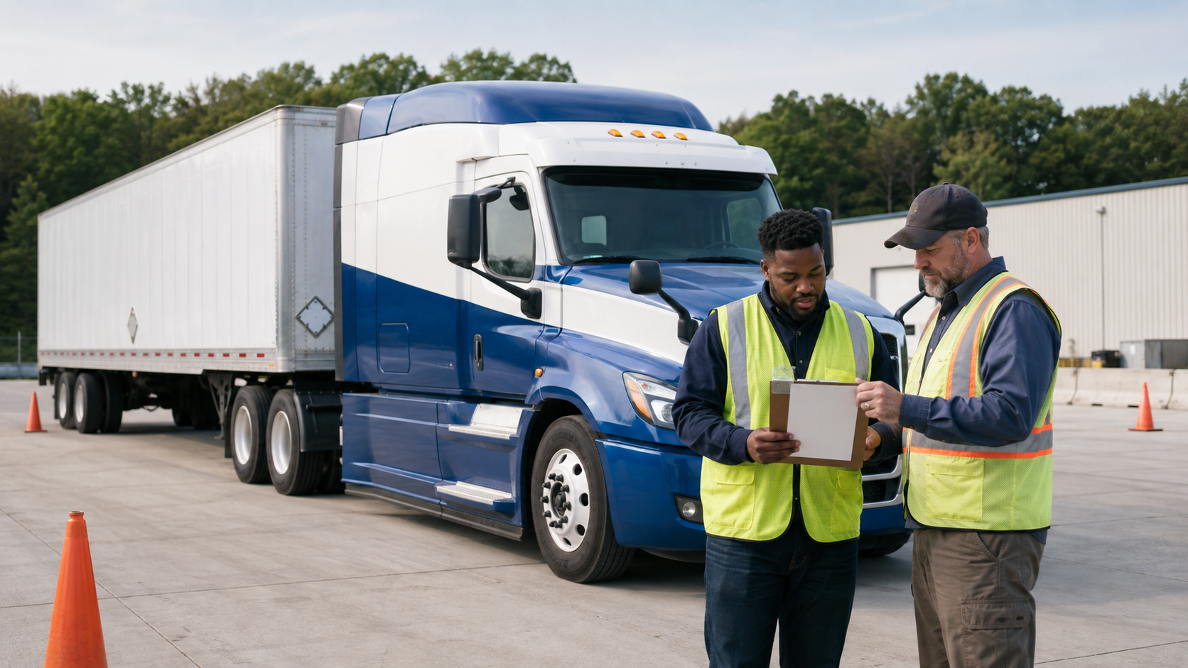 Pennsylvania CDL driver and instructor reviewing hazardous materials safety paperwork beside a blue and white commercial truck