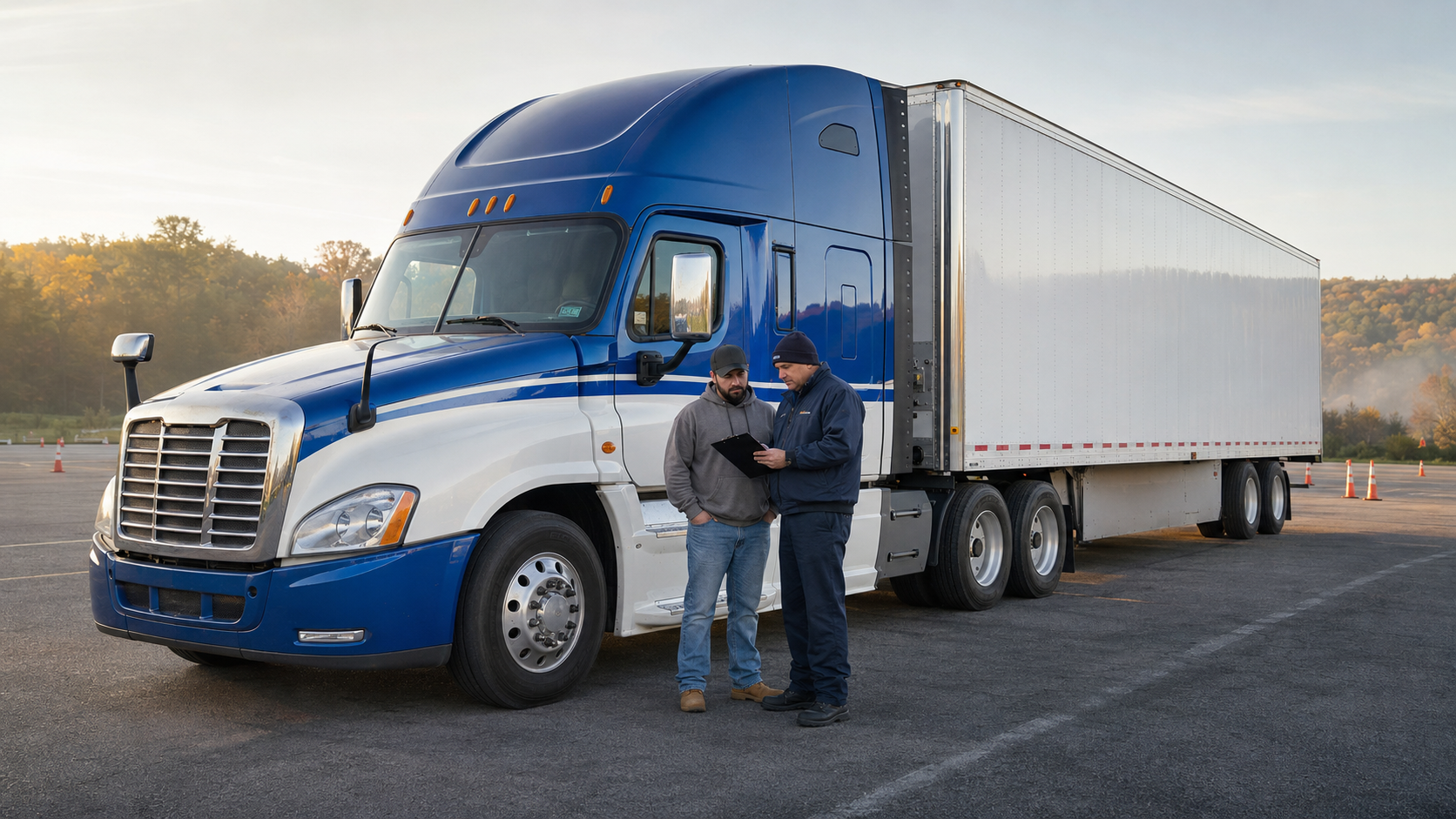 CDL student and instructor reviewing training beside a blue and white Class A tractor-trailer in Pennsylvania