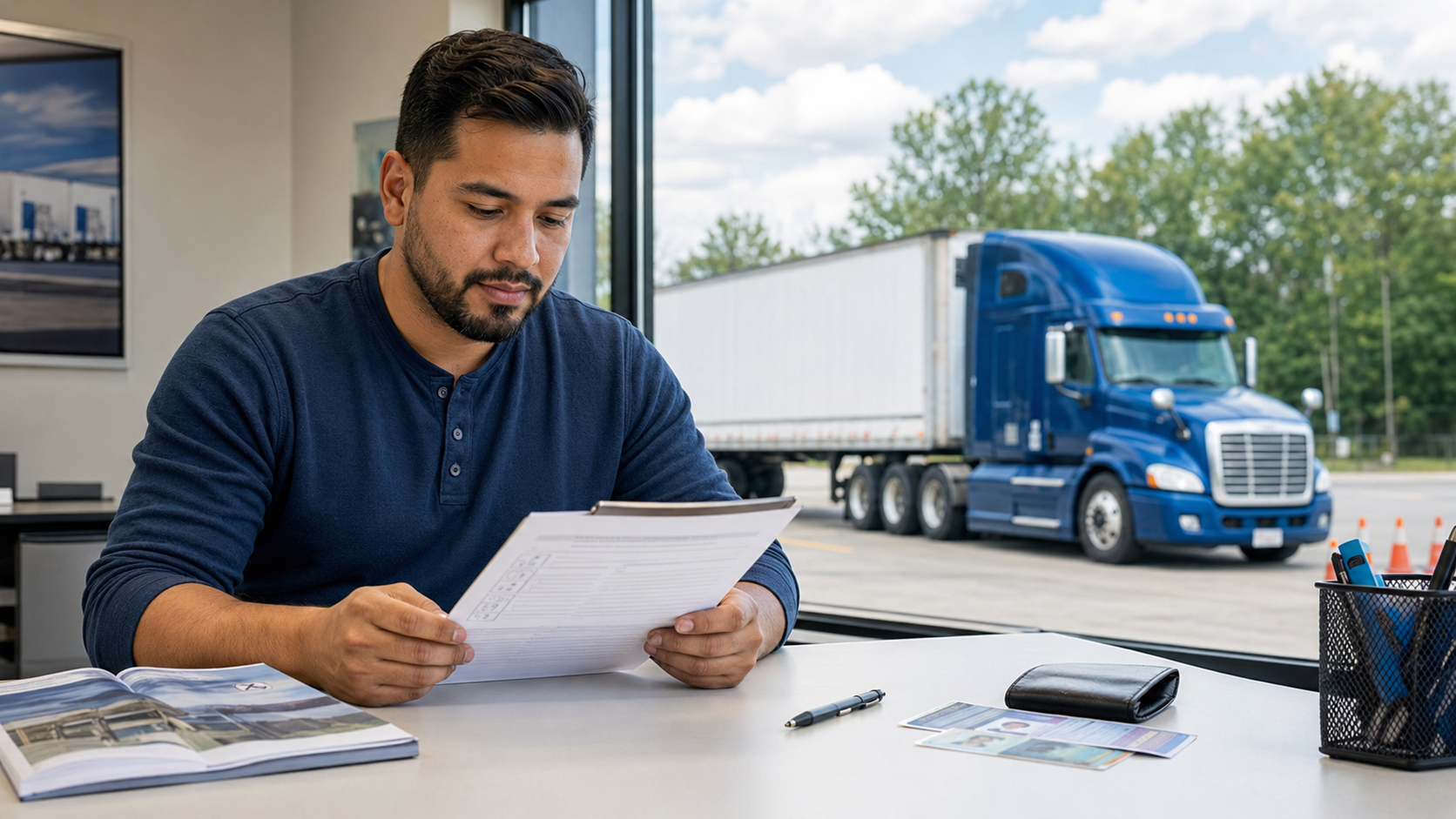 Pennsylvania CDL applicant reviewing a commercial learner’s permit checklist beside a training truck