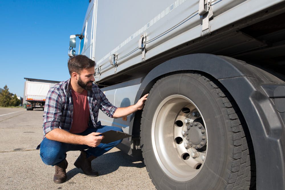 A man is inspecting the exterior of his truck.